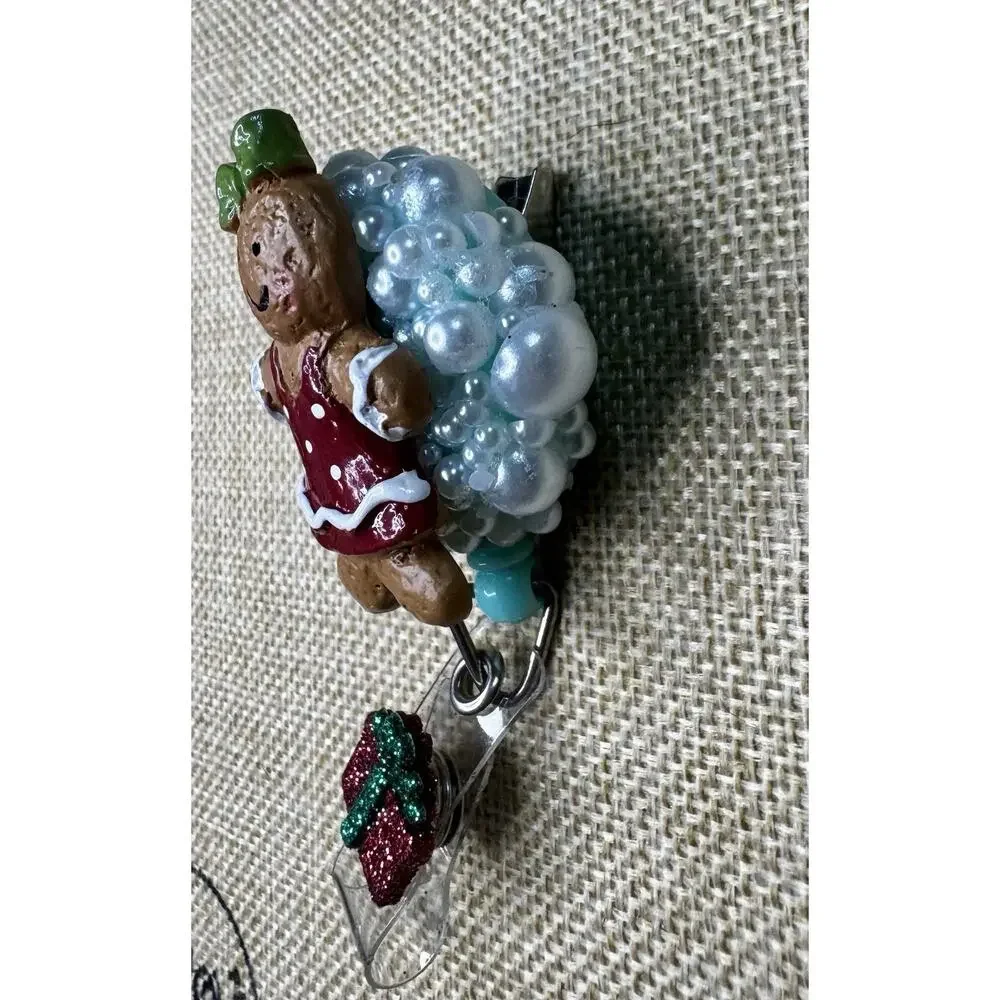 Gingerbread Girl with Blue Pearls Retractable Reel ID Badge Alligator Clip